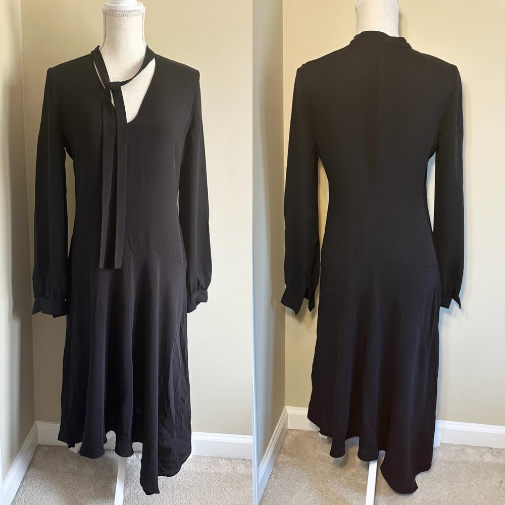 Theory 2 Black Tie Neck Drape Dress Long Sleeve Asymmetrical Hem 100% Silk